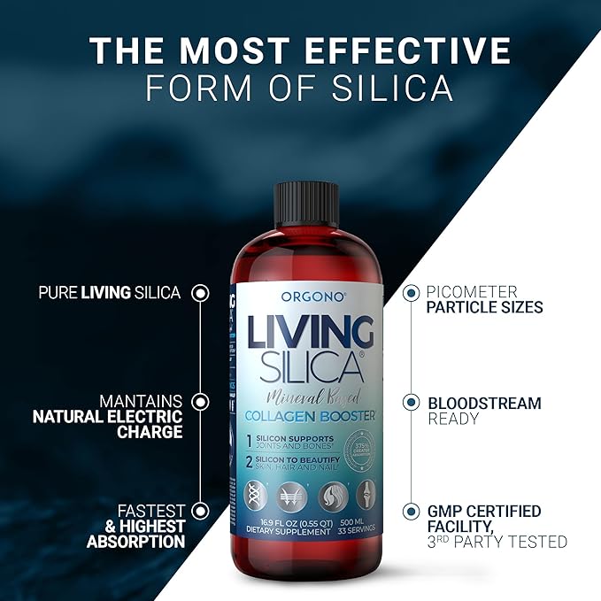 Orgono Living Silica Collagen Booster | Vegan Mineral-Based Silica Supplement | Supports Healthy Collagen & Elastin Production for Joint & Bone Support, Glowing Skin, Strong Hair & Nails | 16.9 Fl Oz