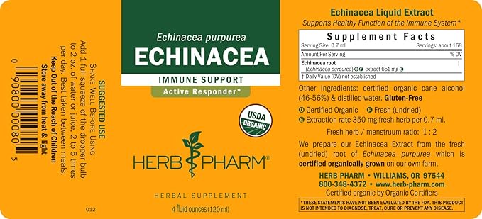Herb Pharm Certified Organic Echinacea Root Liquid Extract for Immune System Support, Organic Cane Alcohol, 4 Ounce (Pack of 2)
