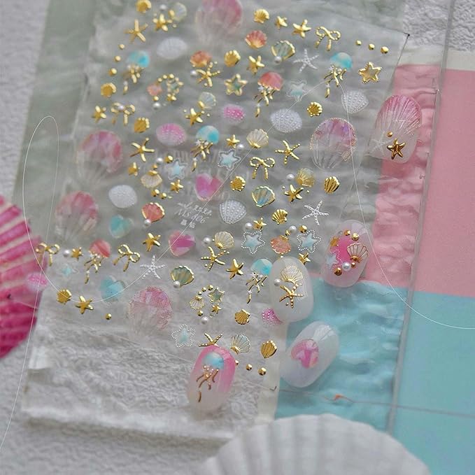 1Pcs Summer Nail Stickers for Nails Art 5D Embossed Marine Life Nail Decals with Pearl Shiny Gold Star Bow Shell Nail Art Stickers Ocean Beach Jellyfish Nail Supplies for Women Manicure Decor