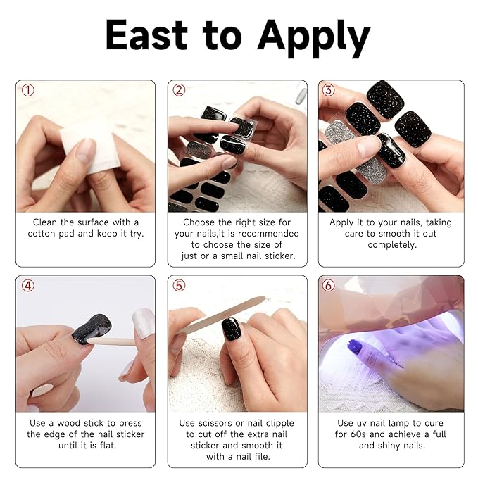 Semi Cured Gel Nail Strips (Glitter Blue), 28 pcs Gel Nail Stickers, Work with Any UV Lights, Long-Lasting NailWraps for Women, Salon-Quality, Easy to Apply & Remove