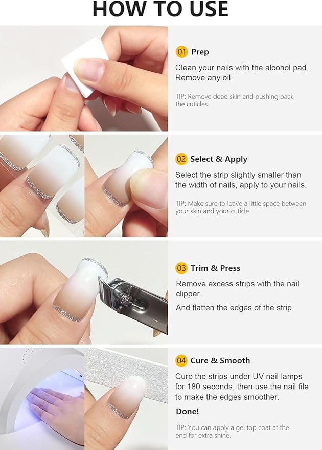 Semi Cured Gel Nail Strips (Gold Glitter French), White, 30 Pcs Gel Nail Wraps, Stickers, UV Light Required