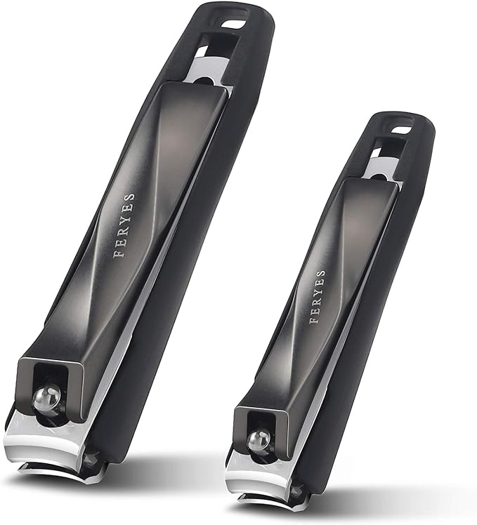 FERYES Nail Clippers with Catcher 2 PCS Set, No Splash Fingernail Clipper and Toenail Clipper, Stainless Steel Nail Cutters - W/Black Metal Case Packing