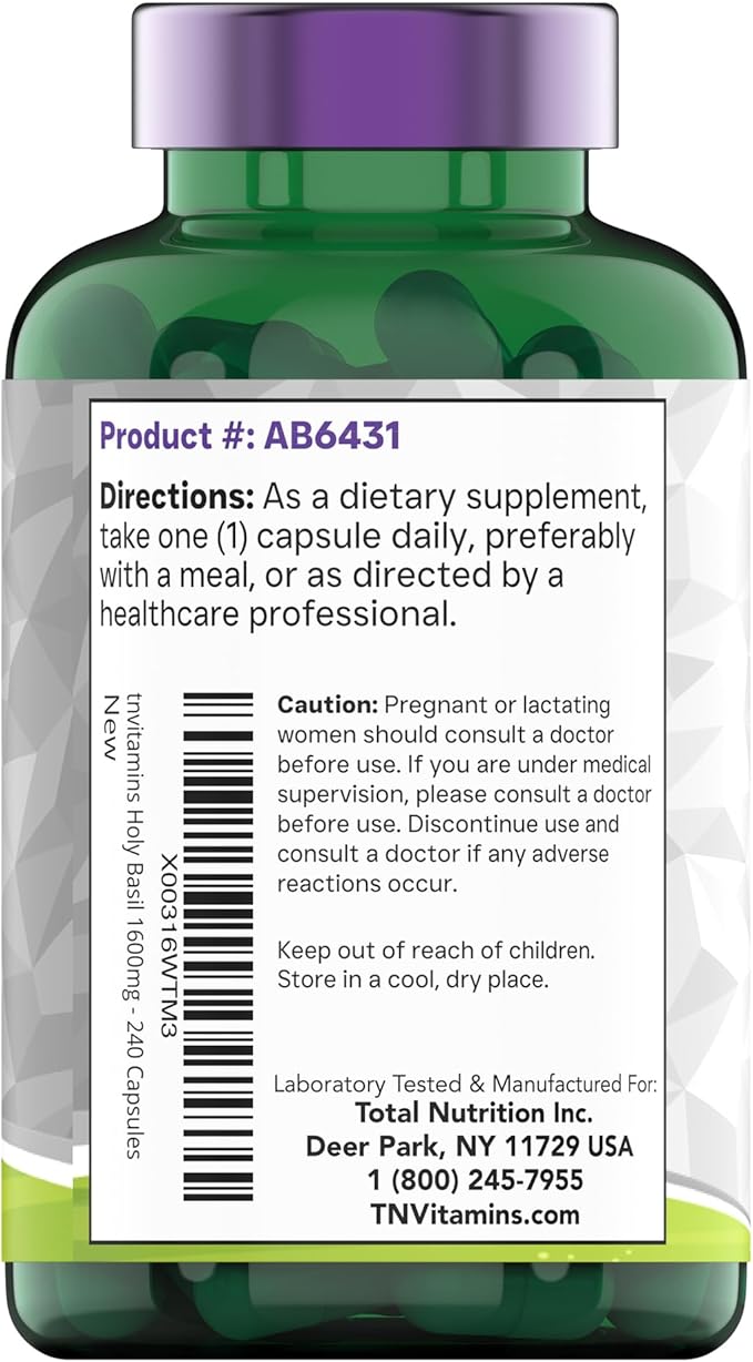 Holy Basil Capsules (1,600 mg Equivalent - 240 Capsules) | 8 Month Supply | AKA Tulsi | May Promote Stress & Frustration Relief* | Adaptogenic, & Ayurvedic Herb