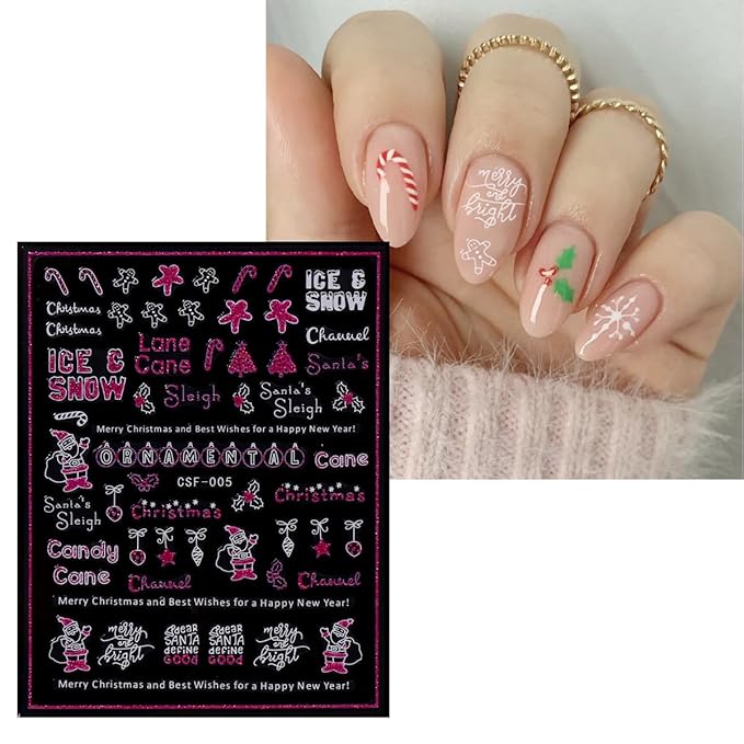 JMEOWIO 9 Sheets Christmas Pink Glitter Nail Art Stickers Decals Self-Adhesive Snowflake Winter Holiday Nail Supplies Nail Art Design Decoration Accessories