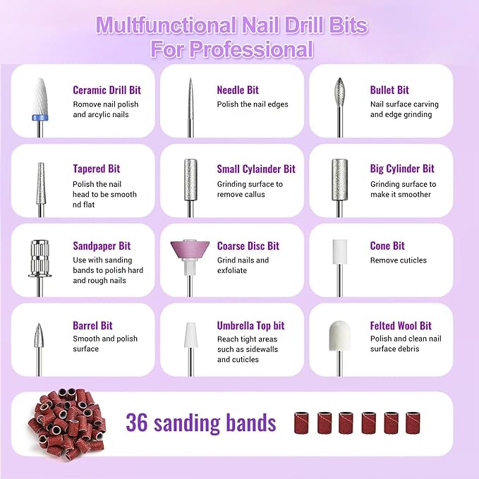 Electric Nail Drill Professional Manicure Pedicure Kit Acrylic Nail Drill Machine for Gel Cordless Nail Drill Machine Toe Nail Tools 3 Speeds Thick Toenail Grinder(White)
