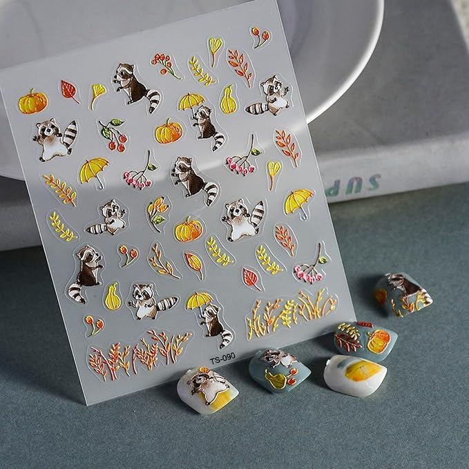 Fall Nail Art Stickers Decals Autumn Nail Decals 5D Embossed Raccoon Nails Stickers Maple Leaf Pumpkin Nail Art Supplies Fallen Leaves Animal Nail Decals for Women Thanksgiving Day Manicure Decoration