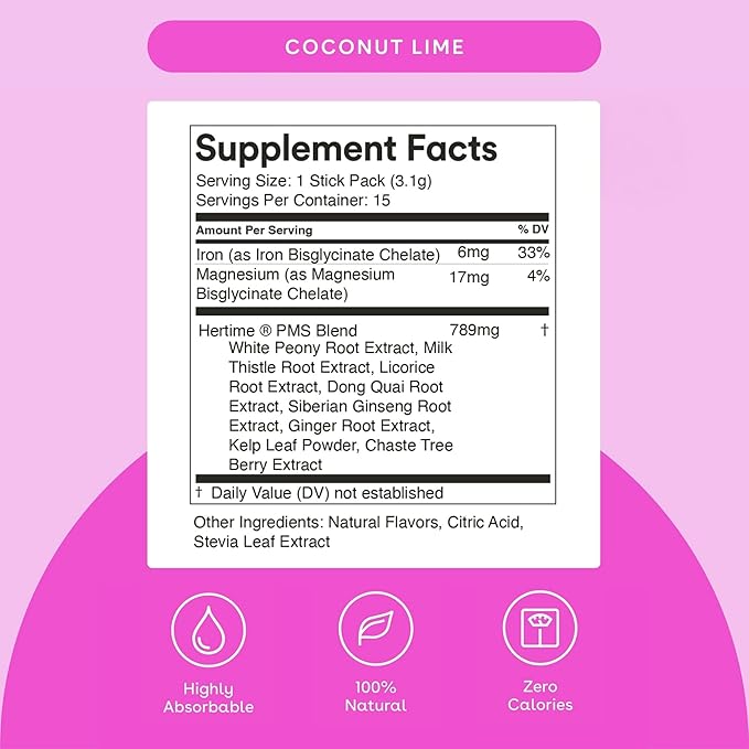 Hertime PMS - Supports Hormonal Health for Women - Supports a Healthy Menstrual Cycle - with Minerals, Peony Roots, Siberian Ginseng - Sugar-Free - 15 Drink Packets - Coconut Lime