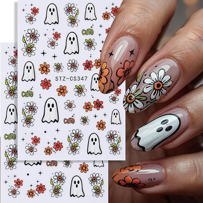 8 Sheets Ghost Nail Art Stickers Halloween Nail Decals 3D Self-Adhesive Bats Spider Web Ghost Autumn Flowers Sticker Nail Design Acrylic Nails Decoration Accessories for Women Holiday Nails