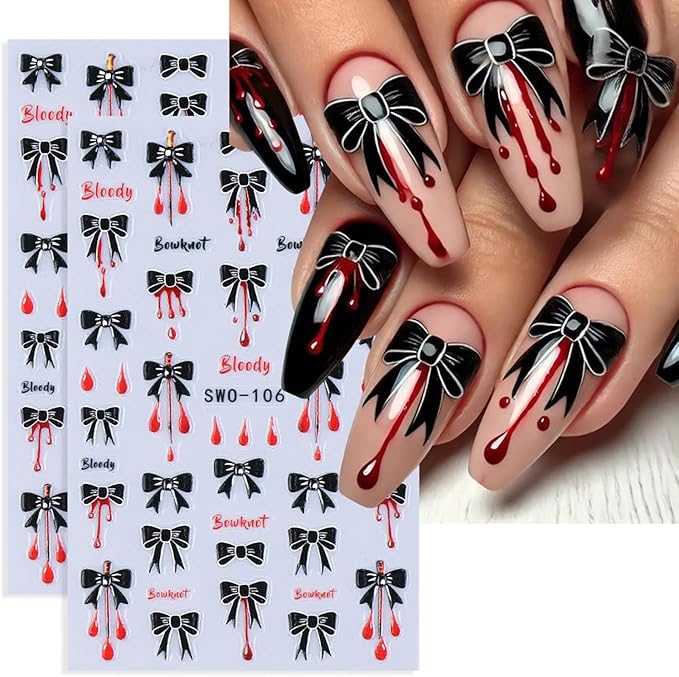 2 Pcs Halloween Nail Art Stickers,Spider Webs and Bloodstains Designs 3D Self-Adhesive Nail Decals Black Bow Nail Decorations Halloween DIY Manicure Supplies for Women Girls