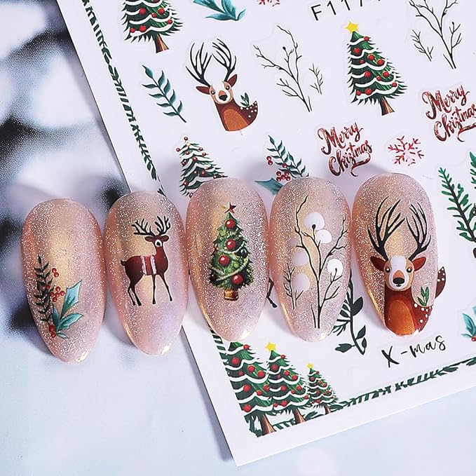Christmas Nail Art Stickers 3D Deer Holly Bell Christmas Nail Stickers 6PCS Santa Claus Xmas Tree Snowman Snowy Tree Design 3D Self-Adhesive Xmas Nail Decals Nail Art Supplies for Women DIY Nail Salon