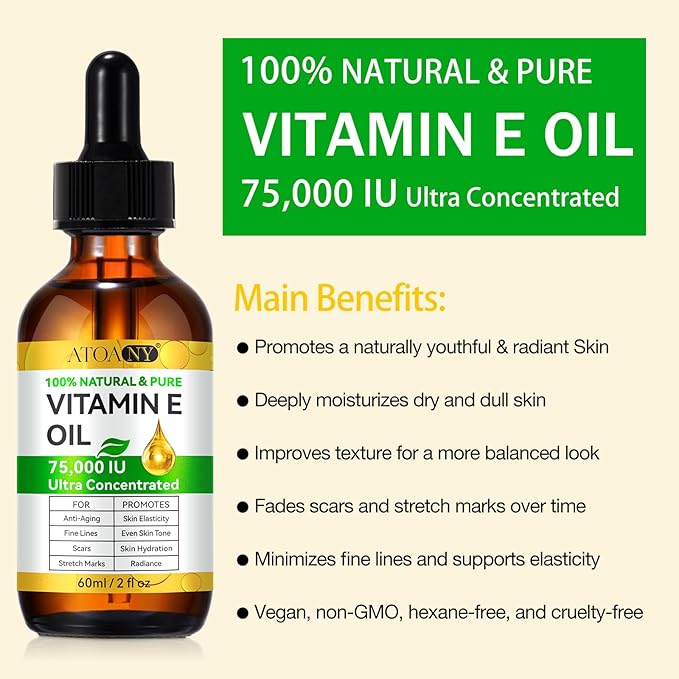 Vitamin E Oil,Natural Vitamin E Oil for Skin 75,000 IU, Organic Pure Vitamins E Oils for Skin Face,Body Bath Moisturizing and Winkles,Reduce Fine Lines & Scars 2Fl Oz