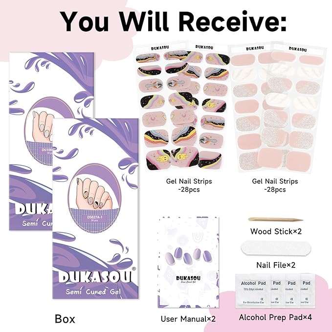 Semi Cured Gel Nail Strips 2 Set, (Creamy Rose,Funny Nude) 56 Pcs Gel Nail Wraps,Stickers Works with Any UV/LED Lamps,Long Lasting,Salon-Quality, Easy to Apply