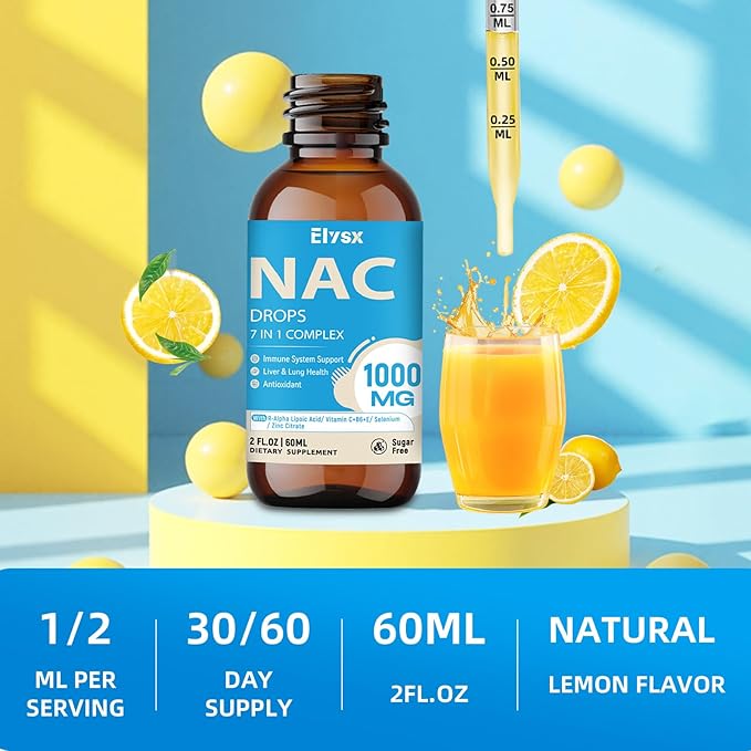 Liquid NAC Drops 1000MG, NAC Supplement N-Acetyl Cysteine with Alpha Lipoic Acid for Adults & Kids, Immune System & Antioxidant Support, Liver & Lung Health, Natural Lemon Flavor, Sugar Free, 2FL OZ