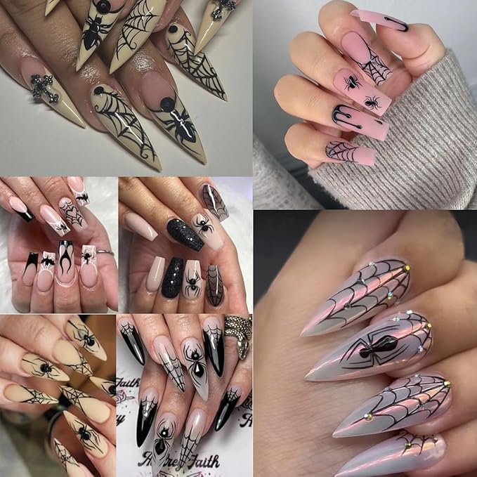 Halloween Spider Nail Stickers - 3D Black Spider Web Designs, Self-Adhesive Star & Bat Decals for Women's DIY Acrylic Nail Art, 6 Sheets
