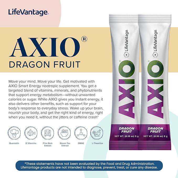 LifeVantage AXIO Regular Energy Drink Powder, Nootropic Supplement, Focus & Mood Support, with L-theanine, Green Tea, B Vitamins, DMAE, Quercetin & Pine Bark, Dragon Fruit, 30 Packets