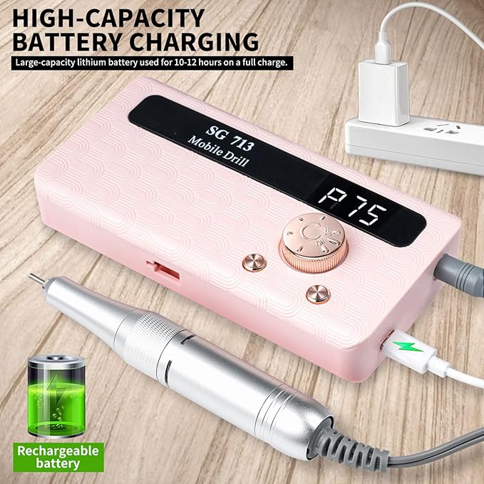 Professional Nail Drill Kit 45000RPM, Portable Electric Nail File with 13 Bits & 56pcs Sanding Bands,LED Screen,Ultra-Silent, Rechargeable Nail Drills Machine for Acrylic Nails Gel Polishing (Pink)