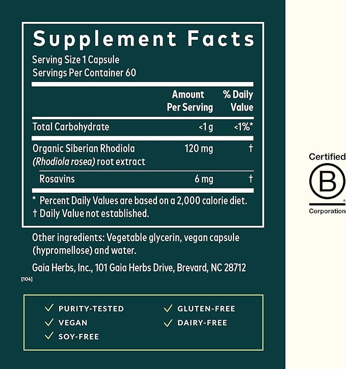 Gaia Herbs Rhodiola Rosea - Stress Support Supplement Traditionally for Supporting Healthy Stamina and Endurance - with Siberian Rhodiola Root Extract - 60 Vegan Liquid Phyto-Capsules (30-Day Supply)