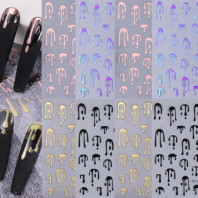 8Sheets Halloween Nail Art Stickers - Gold Water Drop Fluorescence Design, Glossy 3D Self-Adhesive Supplies for Women's Manicure and French Nails
