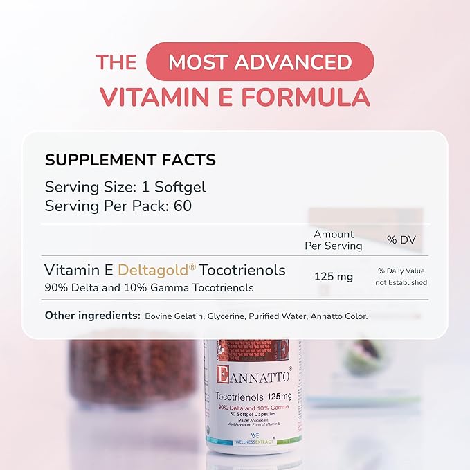 E Annatto Tocotrienols Deltagold 125mg, Vitamin E Tocotrienols Supplements 60 Softgel, Tocopherol Free, Supports Immune Health & Antioxidant Health (90% Delta & 10% Gamma) (Pack of 1)