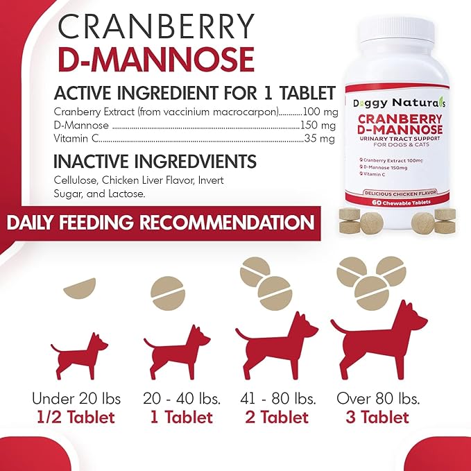 Cranberry D-Mannose for Dogs and Cats Urinary Tract Infection Support Prevents and Eliminates UTI, Bladder Infection Kidney Support, Antioxidant (Single Strength Tablet, 60 Count)