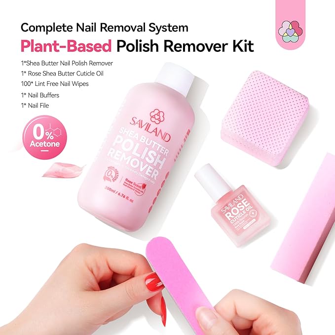 SAVILAND Plant-Based Nail Polish Remover Kit: 6.76 fl.oz Non Acetone Fingernail Polish Remover Shea Butter Nail Remover with Castor Oil VE Cuticle Oil & Nail Removal Tools for All Nail Polish Types