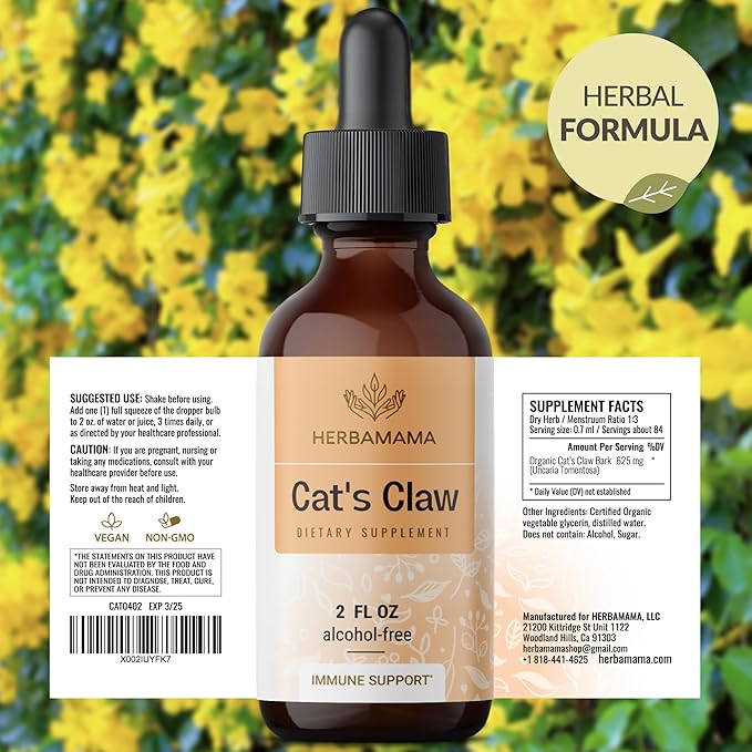 HERBAMAMA Cat's Claw Tincture - Vegan Cat's Claw Extract Supplement for Immune Support - Non-GMO, Alcohol & Sugar-Free Uncaria Tomentosa Drops