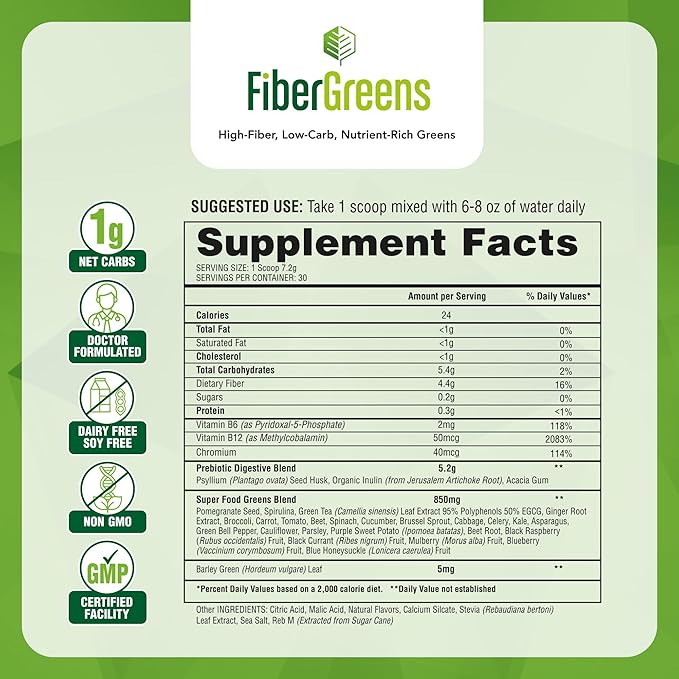 Green Apple Fiber Greens - Low-Carb Probiotics for Gut Health - Blood Function Support - Naturally Flavored Probiotic Formula with 30 Superfoods - Protects Heart Health, 30 Servings