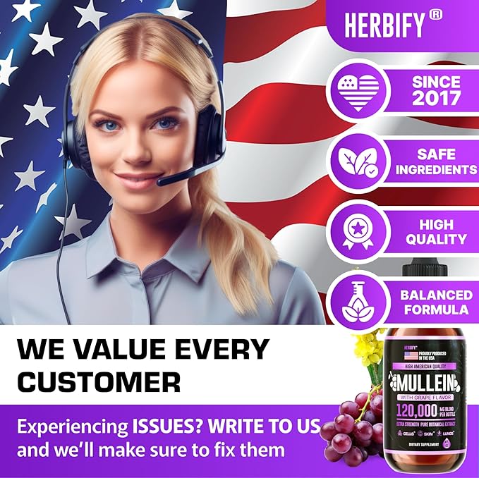 HERBIFY Mullein Drops - Lung Cleanse - Leaf Extract - Powerful Mullein for Immune Support, Detox & Respiratory Support - Made in USA - Herbal Supplements - 4 Oz Grape Flavor