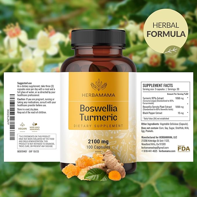 HERBAMAMA Turmeric and Boswellia Extract Capsules - 2100mg Boswellia Serrata & Turmeric Complex with Black Pepper Extract - Vegan, Non-GMO, 95% Curcuminoids Antioxidant Supplement, 100 Caps