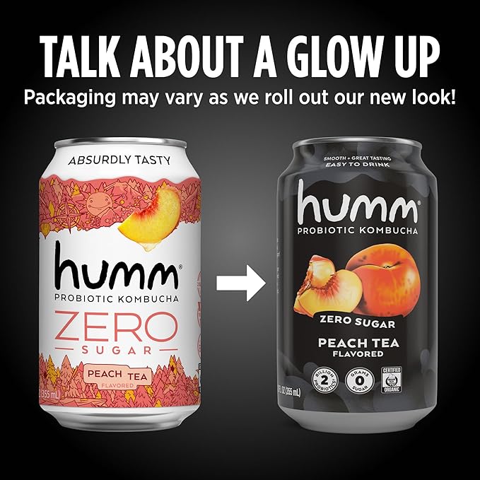 Humm Probiotic Kombucha Zero Sugar Peach Tea, No Refrigeration Needed, Keto Friendly, Organic, Vegan, Gluten Free, 12oz Cans (8 Pack)