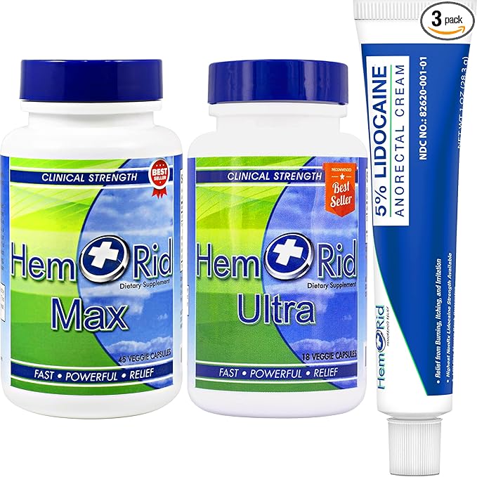 HemRid Complete Hemorrhoid Care System โ Potent 5% Lidocaine Cream for Rapid Topical Comfort, Max Ultra Capsules for Ongoing Vascular Health and Circulatory Support