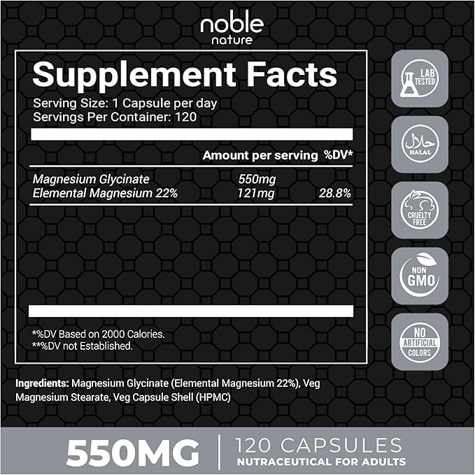 High Absorption Magnesium Glycinate 550mg - 120 Veg Capsules - 4 Months Supply