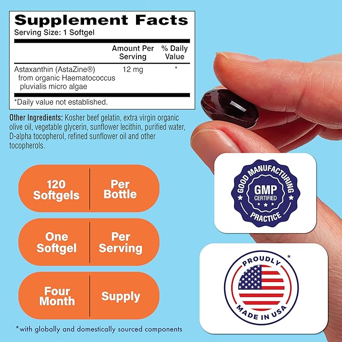 Health Thru Nutrition Astaxanthin Triple Strength 12mg Supplement 120 Softgels | AstaZine from Algae Organically Grown in Pristine Himalayan Water | Skin and Vision Support