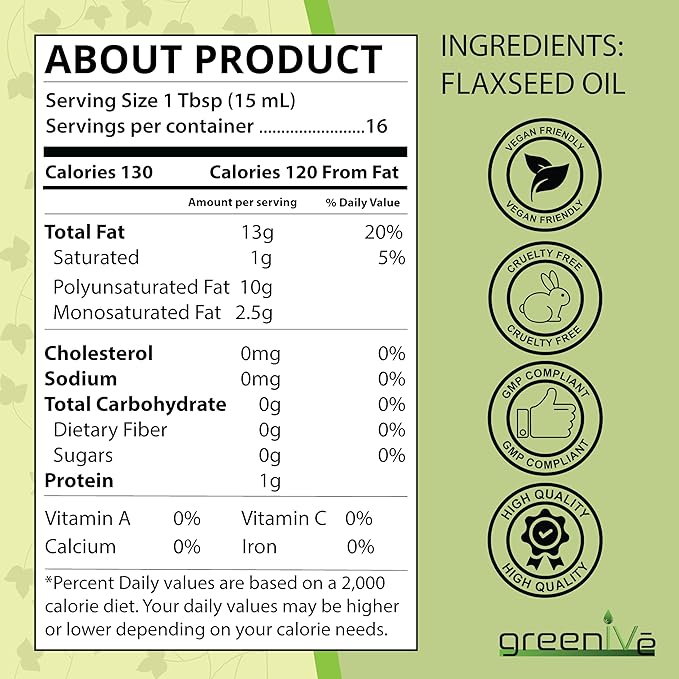 GreenIVe Flax Seed Oil Organically Grown100% Pure Cold Pressed High Vegan Omega Fatty Acids (8 Fl Oz)