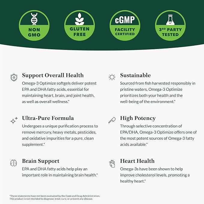 Greens First Omega-3 Optimize Daily Supplement – Ultra-Pure, Potent Marine Oil - for Heart, Brain & Joint Health - High EPA/DHA - Immune Support - 850mg (120 Softgels)