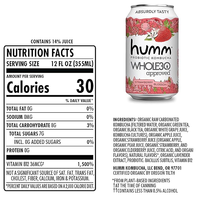 Humm Whole30 Approved Kombucha, Strawberry Blossom, Organic, Vegan & GMO Free (24 Pack)