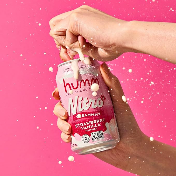 Humm Nitro Kombucha Strawberry Vanilla, Creamy Smooth Probiotic Drink with L-Theanine, Non-GMO, Vegan, Gluten Free, 12 fl oz (Pack of 12)