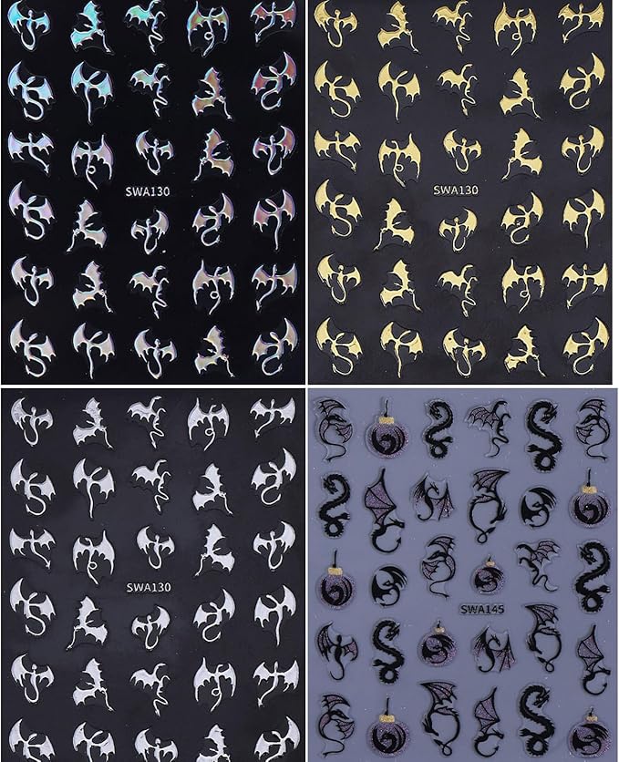 Halloween Nail Art Stickers Decals Metal Dragon Nail Decals Self-Adhesive Shiny Gold Silver Black Laser Dragon Nail Art Design Sticker Festival Fall Nail Stickers for DIY Manicure Decorations 4PCS