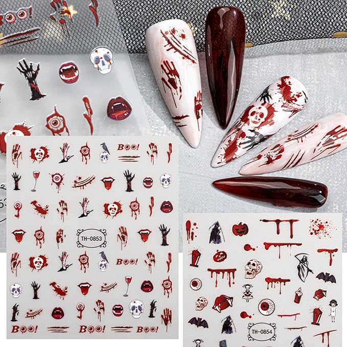 Halloween Nail Stickers - Halloween Nail Decals,3D Self-Adhesive Ghost Skull Elements Nail Art Decals Holiday Nail Stickers for Women Grils (6 Sheets)