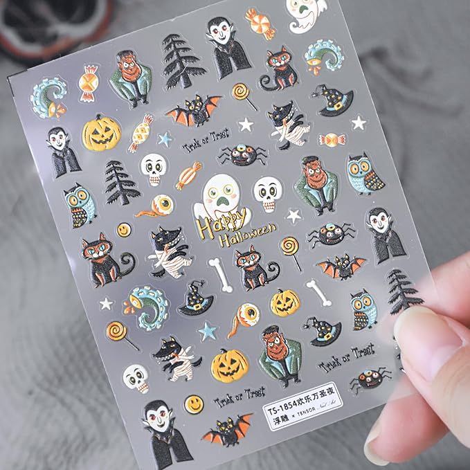 Halloween Nail Stickers for Nail Art Halloween Theme 5D Embossed Nail Decals Self-Adhesive Nails Supply Manicure Stickers for Nails Decoration