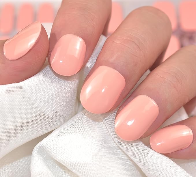 Semi Cured Gel Nail Strips (Light Pink)-22 PCS Wine Red Nail Stickers | Works with Light | Manicure Wraps, Salon Quality & Easy to Use