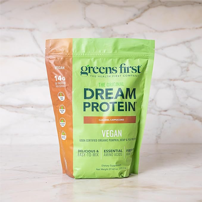 Greens First Dream Protein Plant-Based Vegan Powder - USDA Organic Pumpkin, Hemp & Pea Protein - Gluten-Free, Non-GMO, No Added Sugar (Caramel Cappuccino, 27.42 oz)