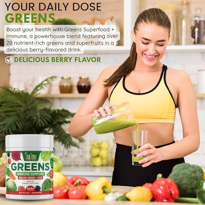 Greens Powder Immune Support, Superfood Blend with 20 Organic Greens & Superfruits, Boost Energy Level, Digestive Enzymes & Prebiotic Blend, Natural Mixed Berry Flavor (9.5 Oz)