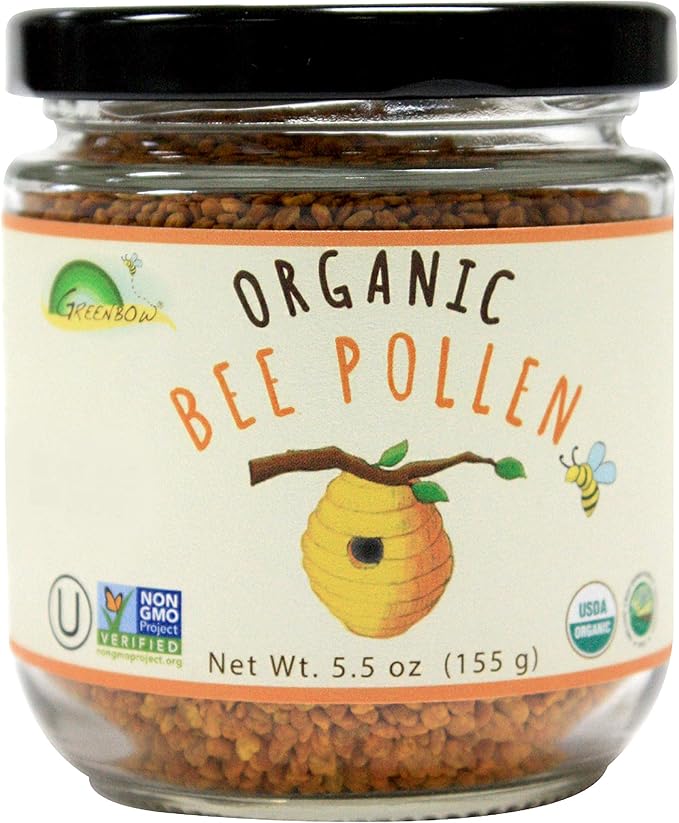 Greenbow Organic Bee Pollen - 100% USDA Certified Organic, Non-GMO, Halal, Kosher Certified, Pure & Natural Bee Pollen - Superfood Packed with Proteins, Vitamins & Minerals - Gluten Free - 155g