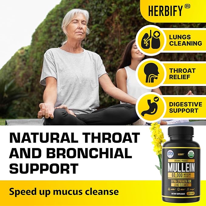 HERBIFY Mullein Capsules - Lung Cleanse - Leaf Extract - Powerful Mullein for Immune Support, Detox & Respiratory Support - Made in USA - Herbal Supplements - 120 Capsules