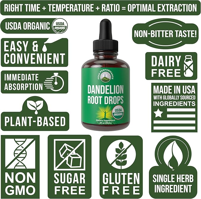 Dandelion Root Extract. USDA Organic Vegan Herbal Liquid Tincture Dandelions Supplement for Women and Men. Leaf Tonic for Immune, Liver, Gut Health. Zero Sugar, Gluten Free Supplements Not Capsules