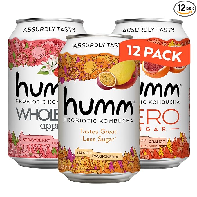 Humm Kombucha Sampler Pack, Includes Original Mango Passionfruit Kombucha, Zero Sugar Blood Orange, Whole30 Approved Strawberry Blossom (Pack of 12)