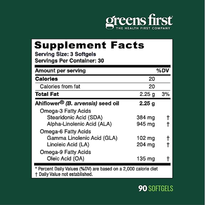Greens First Ahiflower Oil Plant-Based Omega-3 Supplement – Vegan Omega-3 to Support Brain, Immune, Joint & Heart Health - Essential Fatty Acids - Gluten-Free/Dairy-Free/Soy-Free (90 Softgels)