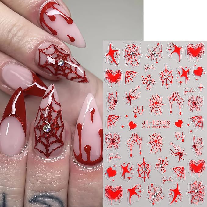 Halloween Spider Web Nail Stickers 3D Self-Adhesive Rhinestone Spider Butterfly Nail Decals Red Blue White Heart Spider Web Pattern Design Nail Sticker for Women Halloween Holiday DIY Manicure