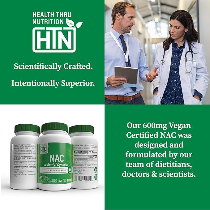 Health Thru Nutrition NAC N-Acetyl-Cysteine 600mg 60 Capsules | Vegan Certified | The Purest NAC Supplement | Supports Healthy Lung, Liver Functions & Cellular Health | Non-GMO Soy & Gluten Free